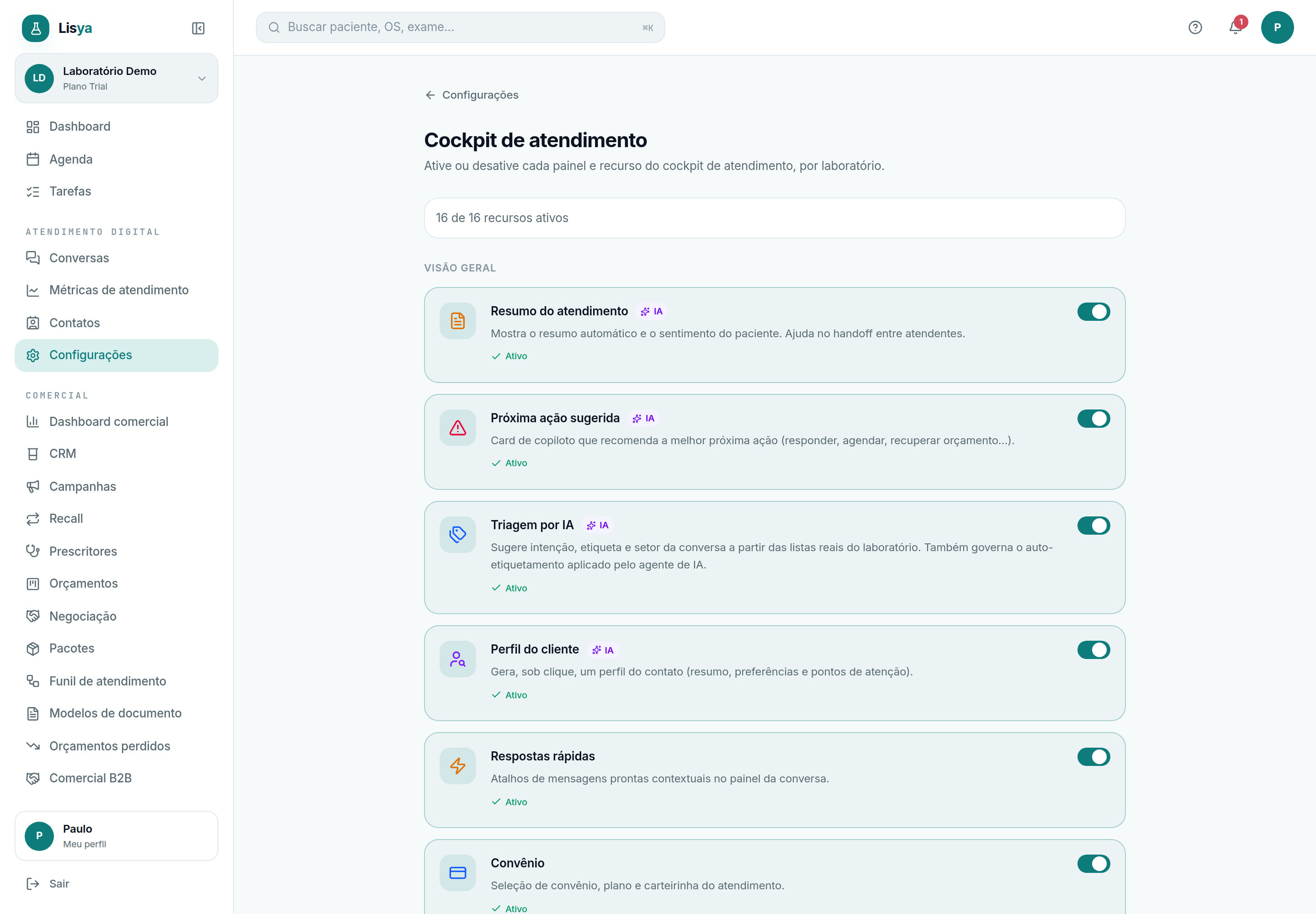 Cockpit de atendimento: quais painéis e recursos de IA aparecem