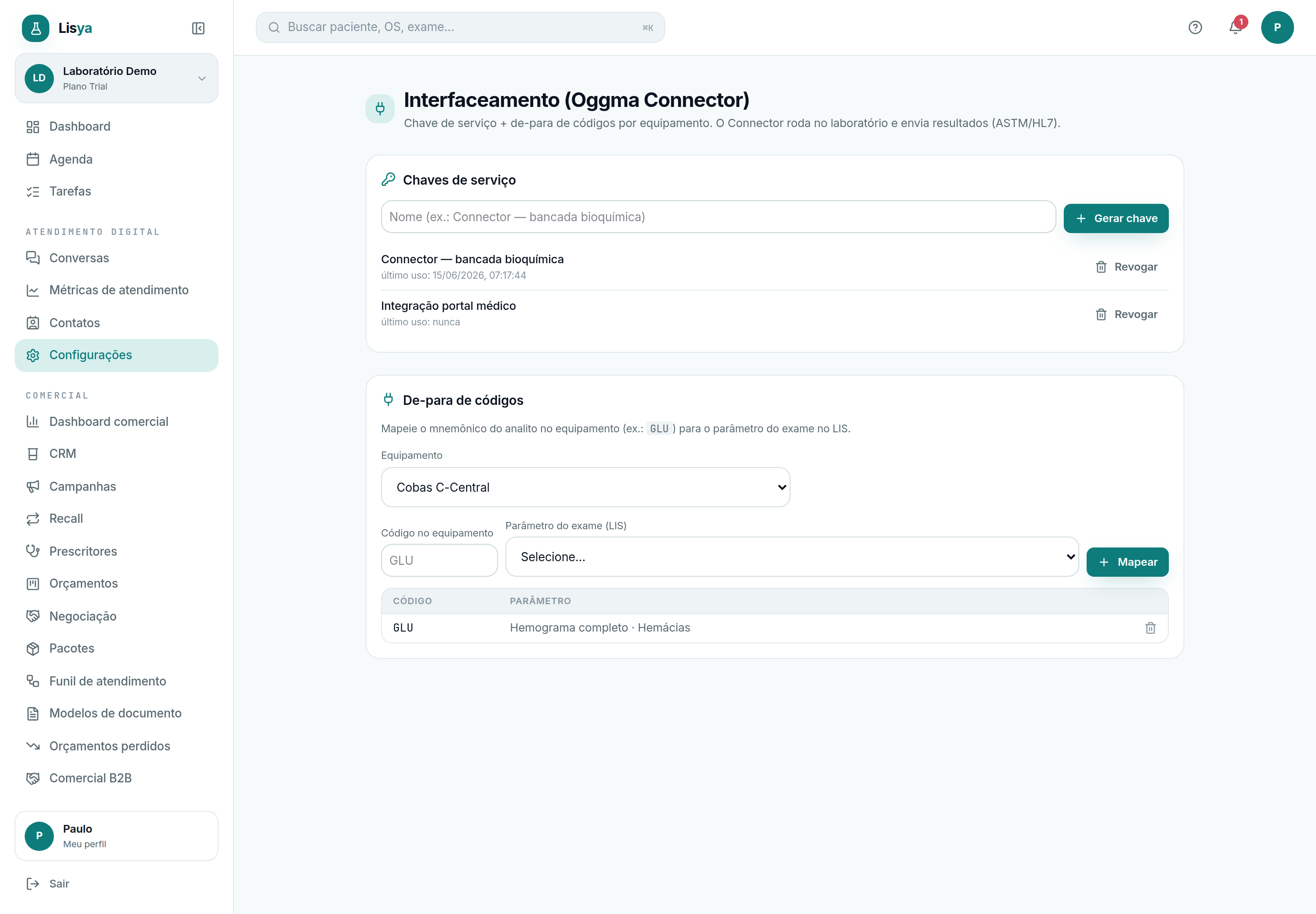 Interfaceamento (Oggma Connector): chave de serviço e de-para