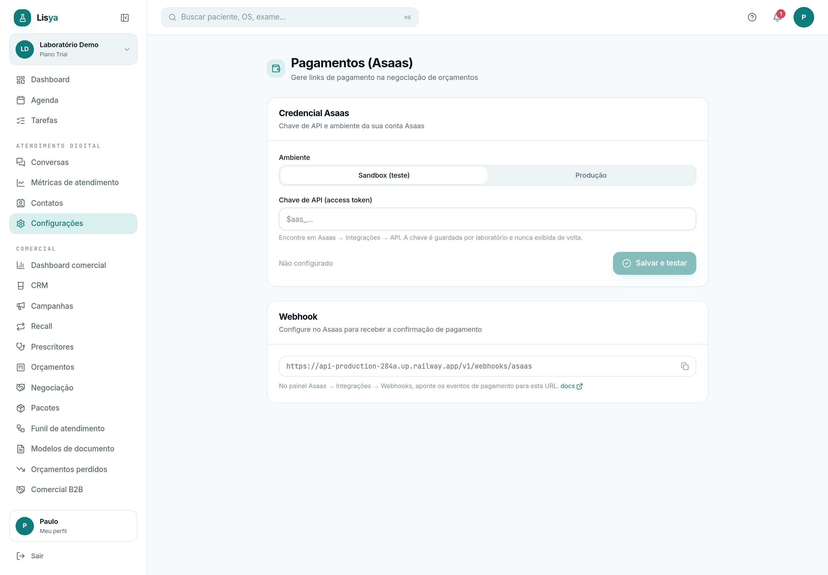 Pagamentos (Asaas): links de pagamento em orçamentos