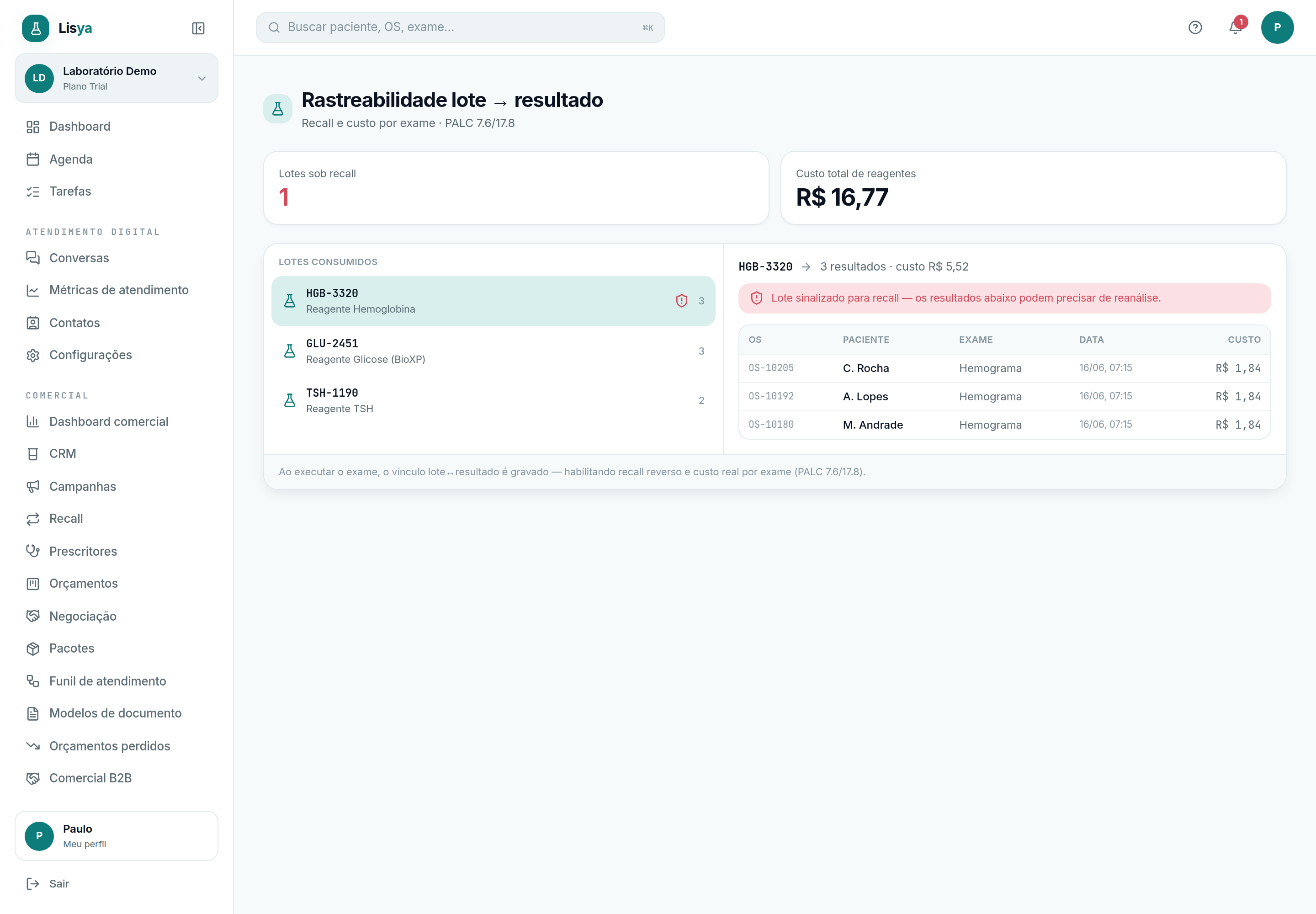 Consumo: rastreabilidade de lote → resultado e recall de reagente