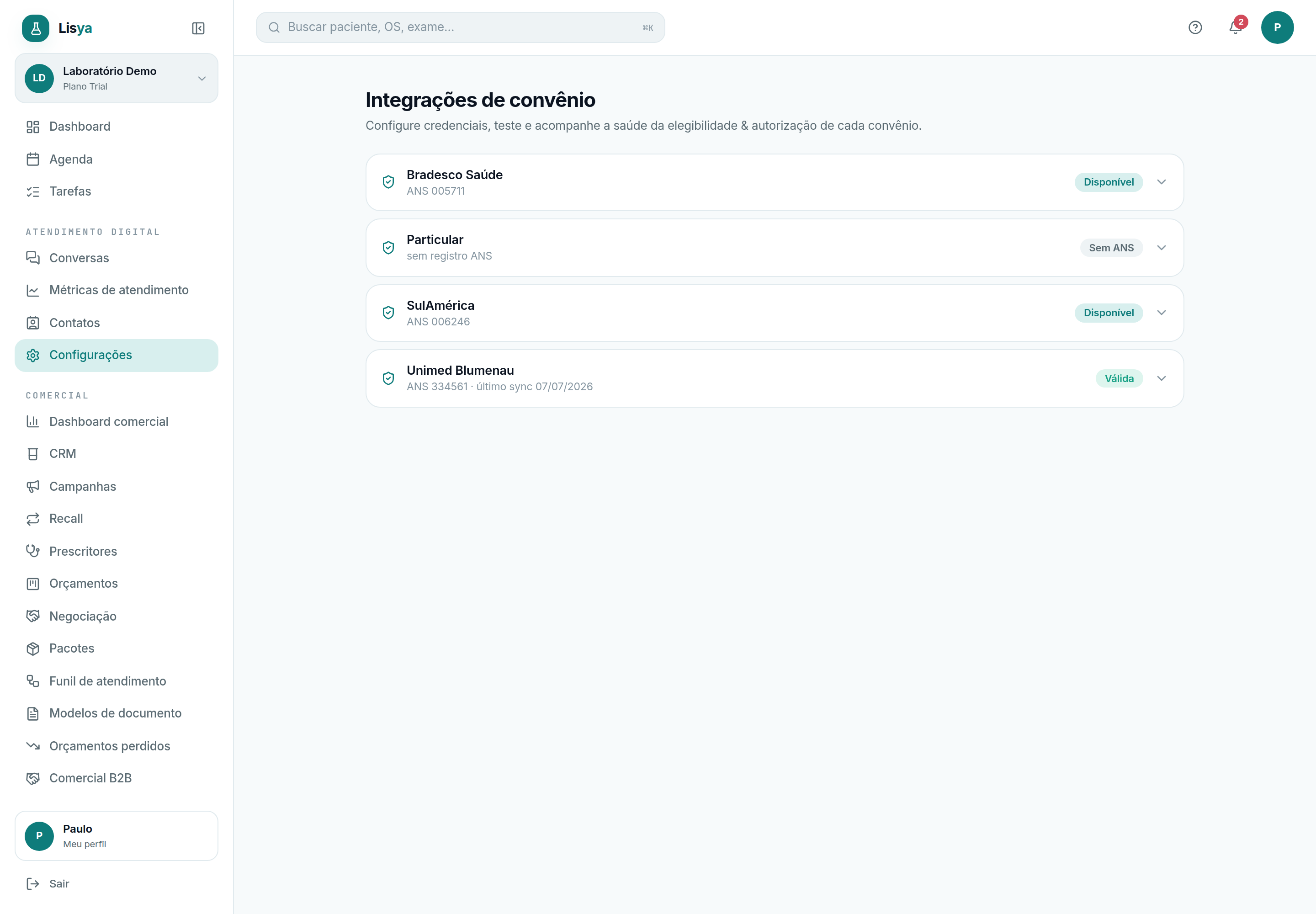Integração de convênios (TISS): configurar, testar e monitorar