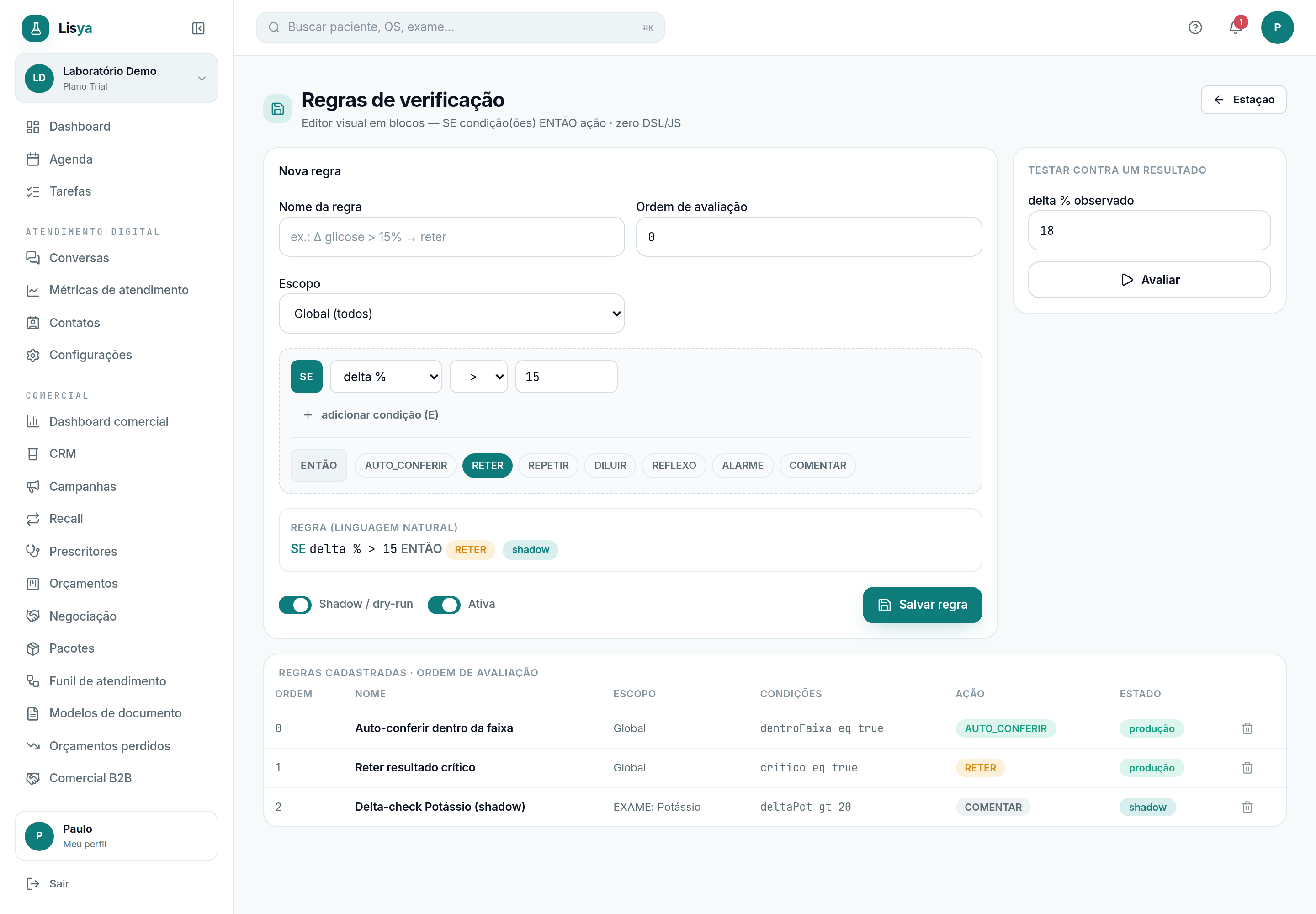 Regras de verificação: editor visual em blocos
